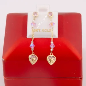 "ARETES LARGOS DE 15 AÑOS CON CRISTALES SWAROSKY ROSADOS, ORO 10K #775-3345"