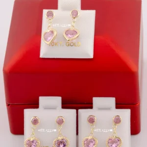 "ARETES PREMIUM COLGANTES DE CORAZON ROSADO. ORO 10K #775-3608"