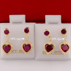 "ARETES PREMIUM COLGANTES DE CORAZON ROJO RUBI. ORO 10K #775-3610"