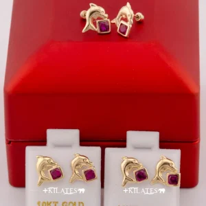 "ARETES PREMIUM DE DELFIN CON ZIRCONIA ROJA ROBI. ORO 10K #775-3611"