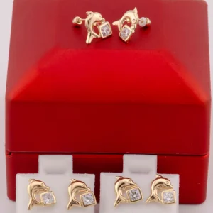 "ARETES PREMIUM DE DELFIN CON ZIRCONIA BLANCA . ORO 10K #775-3612"